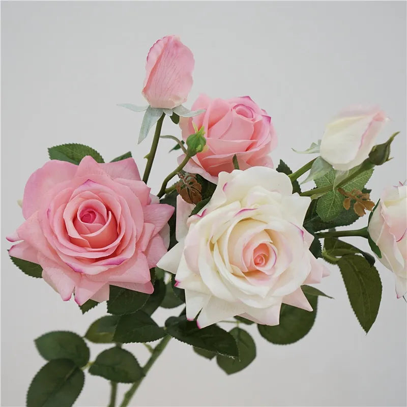 フェイクフラワー リアルタッチフラワー 白いバラ - 30インチのトリプルブロームと花蕾付き 