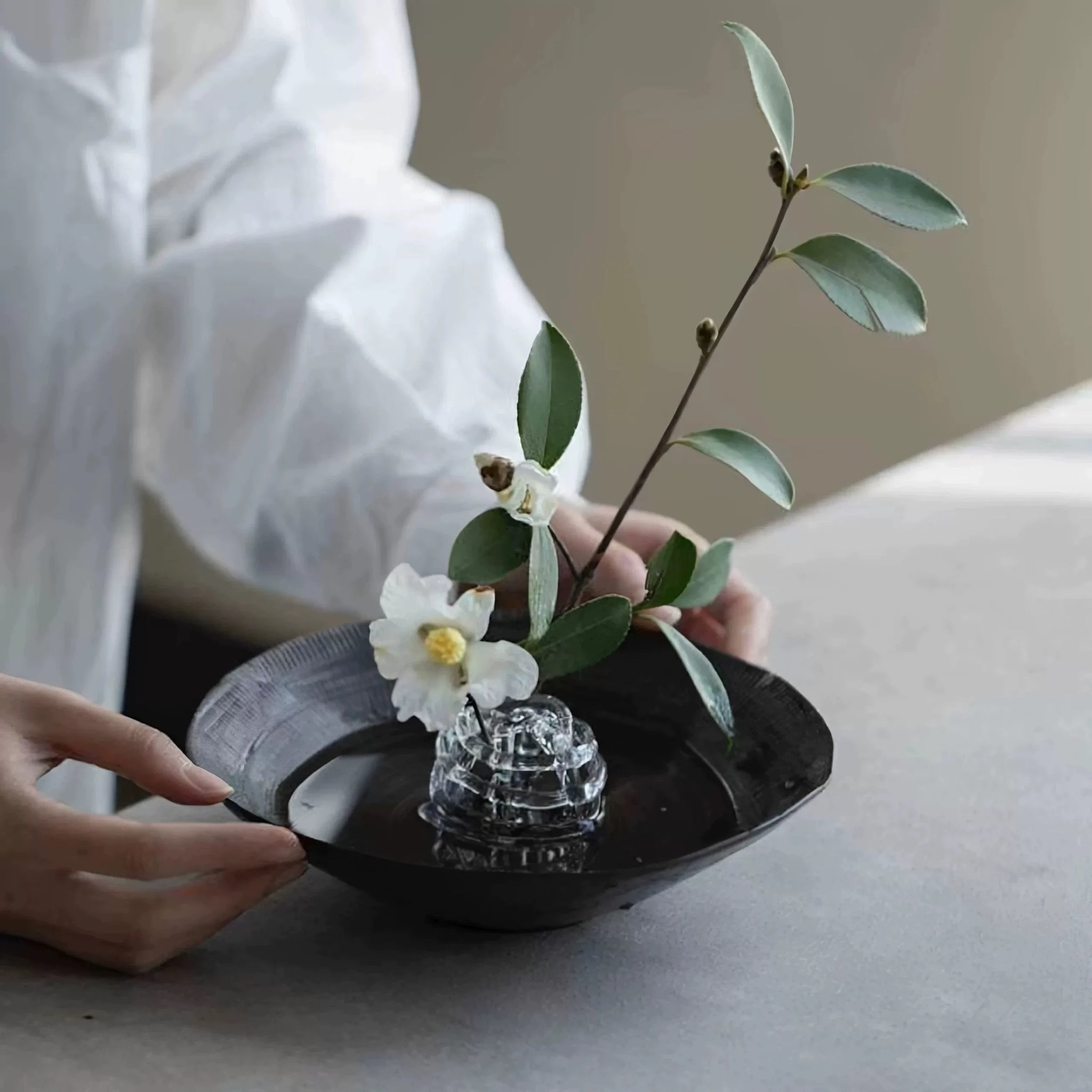 Artisan Glass Flower Frog & Ceramic Ikebana Bowl Set