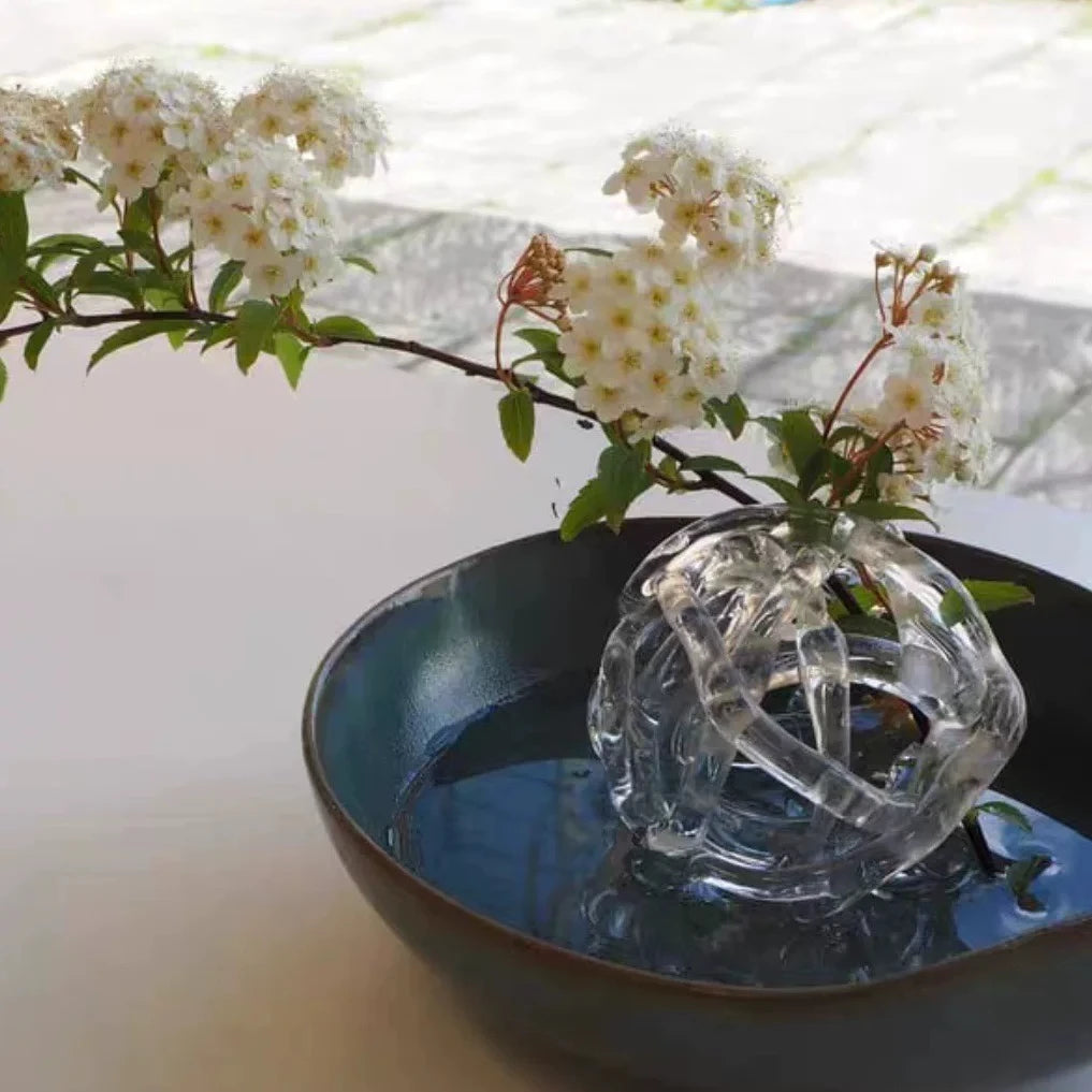 Artisan Glass Flower Frog & Ceramic Ikebana Bowl Set