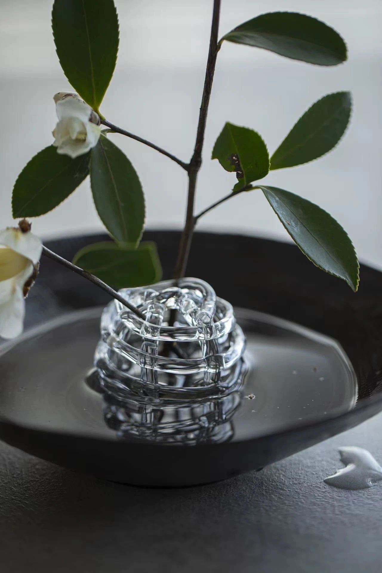 Artisan Glass Flower Frog & Ceramic Ikebana Bowl Set