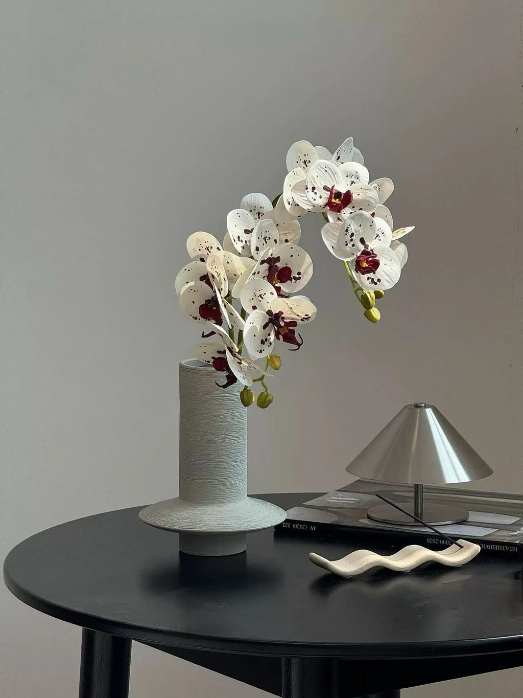 Colourful Butterfly Orchid in Hand-Carved Vase –  Artificial Floral Arrangements in Vases