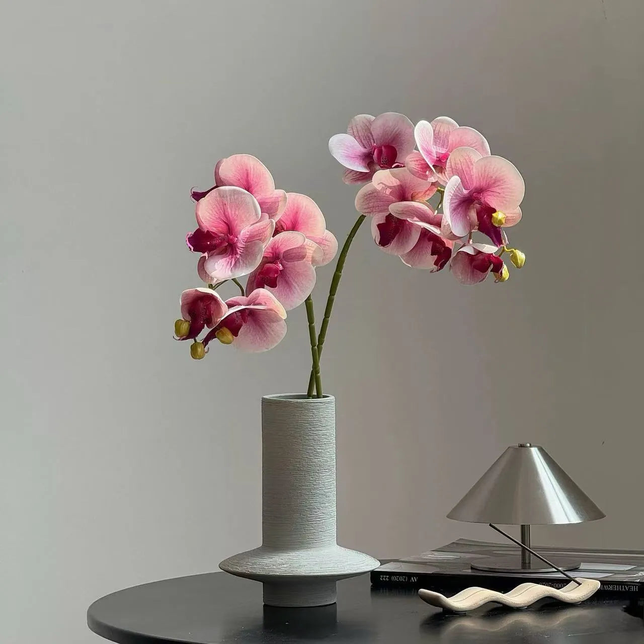 Colourful Butterfly Orchid in Hand-Carved Vase –  Artificial Floral Arrangements in Vases