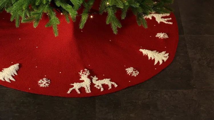 Premium Fabric Reindeer Christmas Tree Skirt – Red 48”