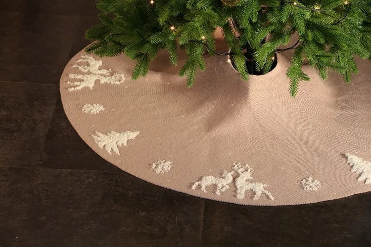Premium Fabric Reindeer Christmas Tree Skirt – Beige 48”