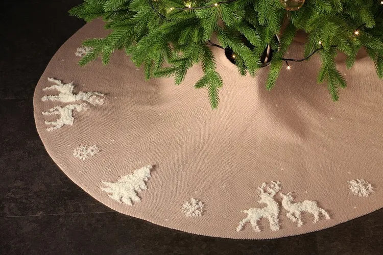 Premium Fabric Reindeer Christmas Tree Skirt – Beige 48”