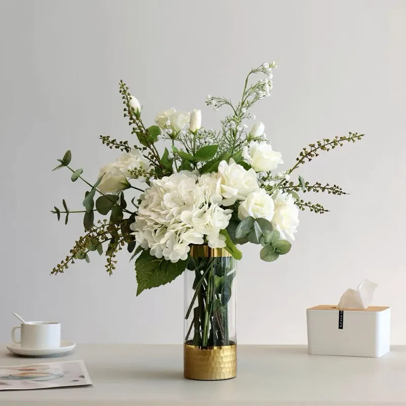 Real Touch Faux Floral Arrangement – White Hydrangea & Rose Centrepiece