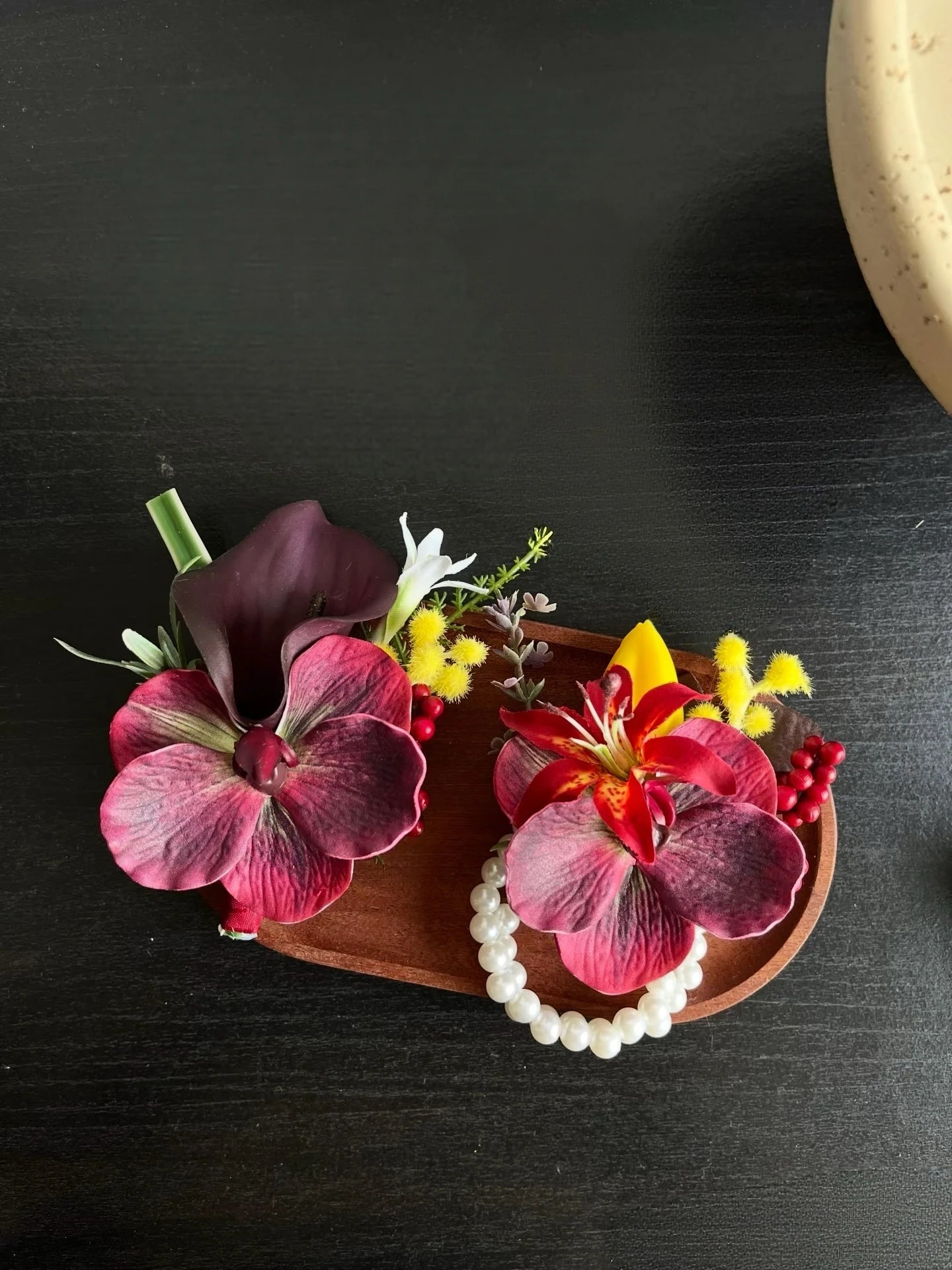 Red Faux Floral Boutonnière & Corsage Set