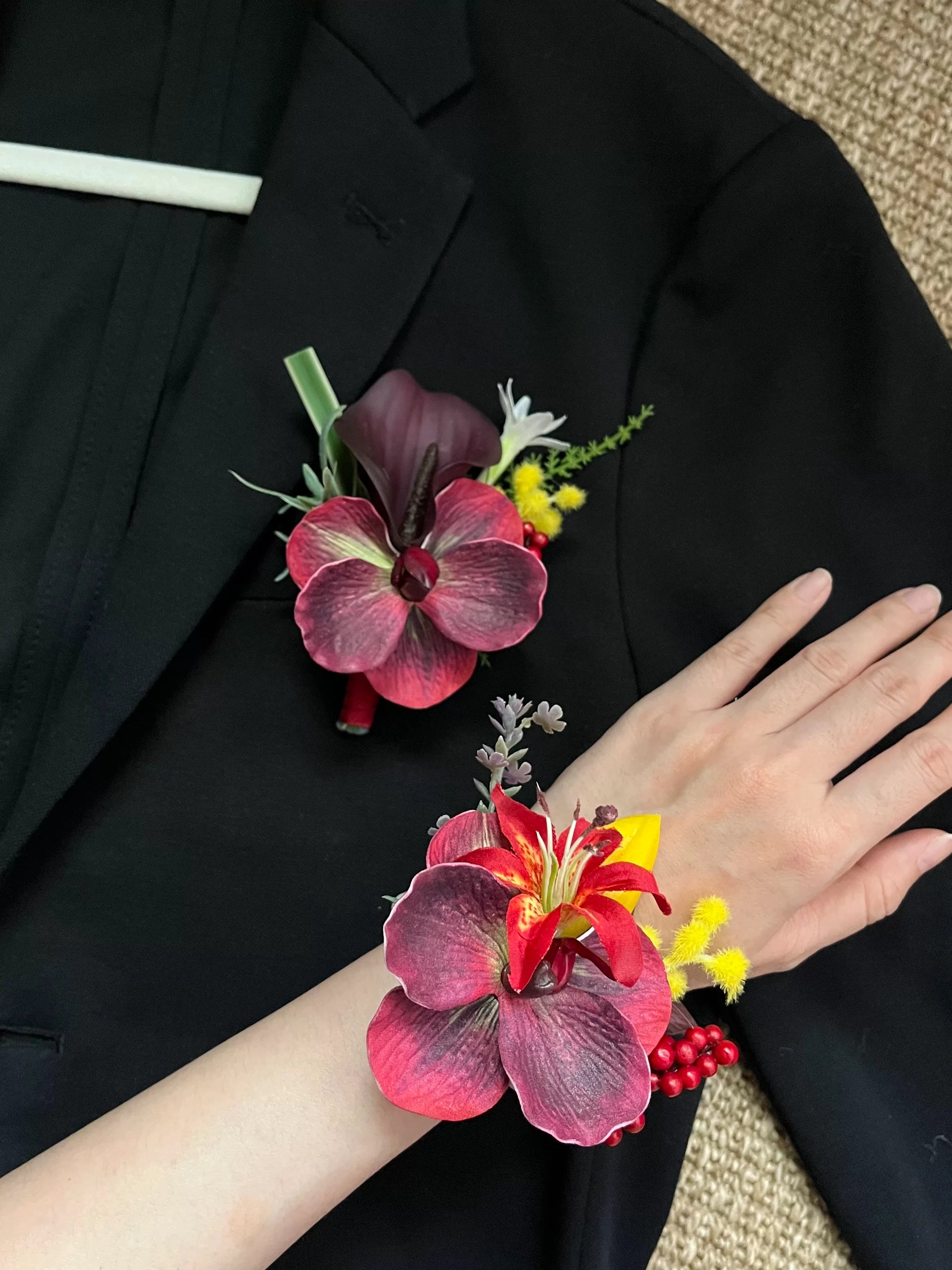 Red Faux Floral Boutonnière & Corsage Set