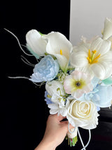 Serene Blue & White Faux Bridal Bouquet & Boutonnieres and Wrist Corsages Set