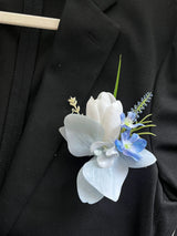 Serene Blue & White Faux Bridal Bouquet & Boutonnieres and Wrist Corsages Set