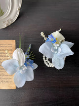 Serene Blue & White Faux Bridal Bouquet & Boutonnieres and Wrist Corsages Set