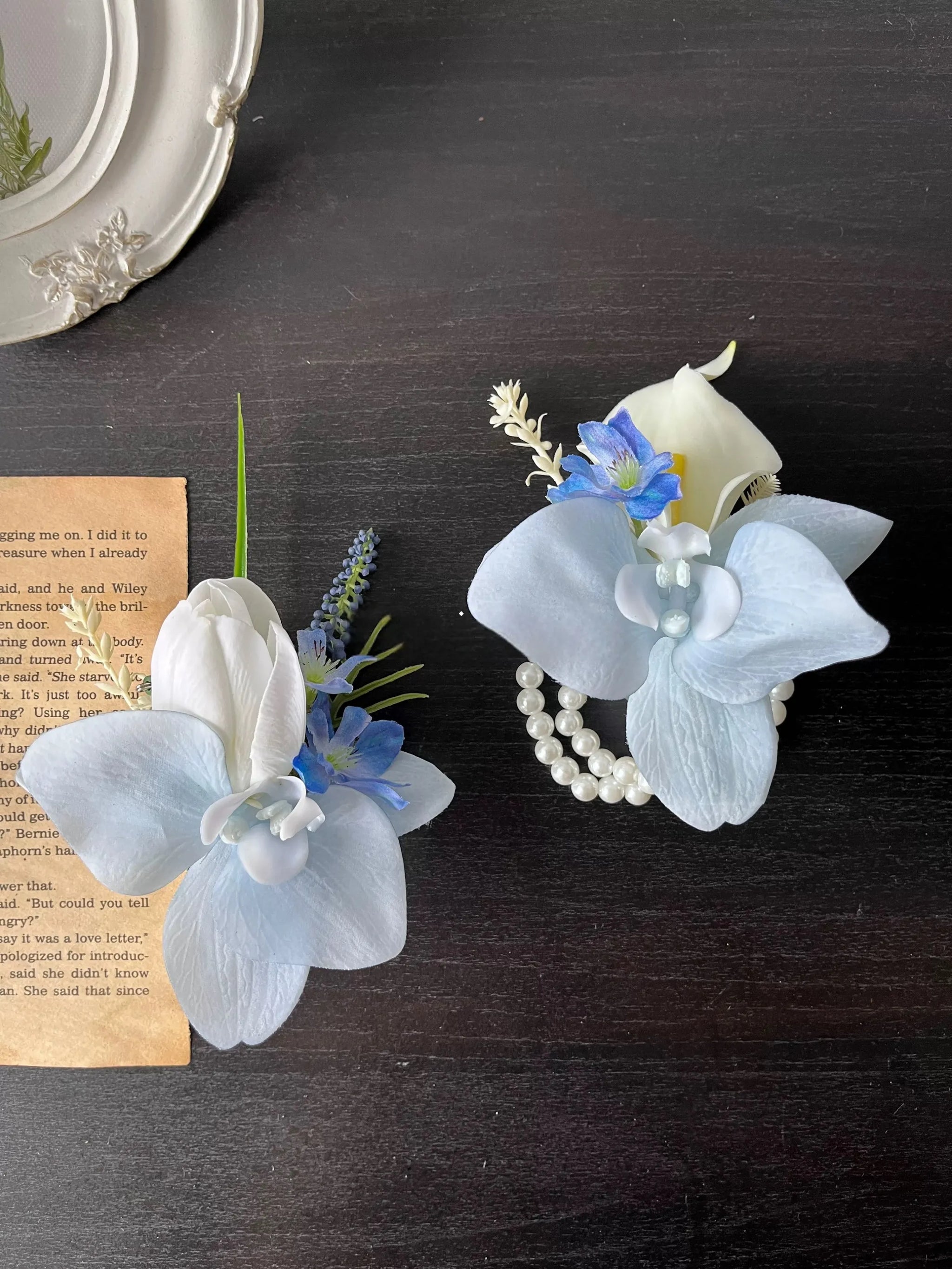 Serene Blue & White Faux Bridal Bouquet & Boutonnieres and Wrist Corsages Set