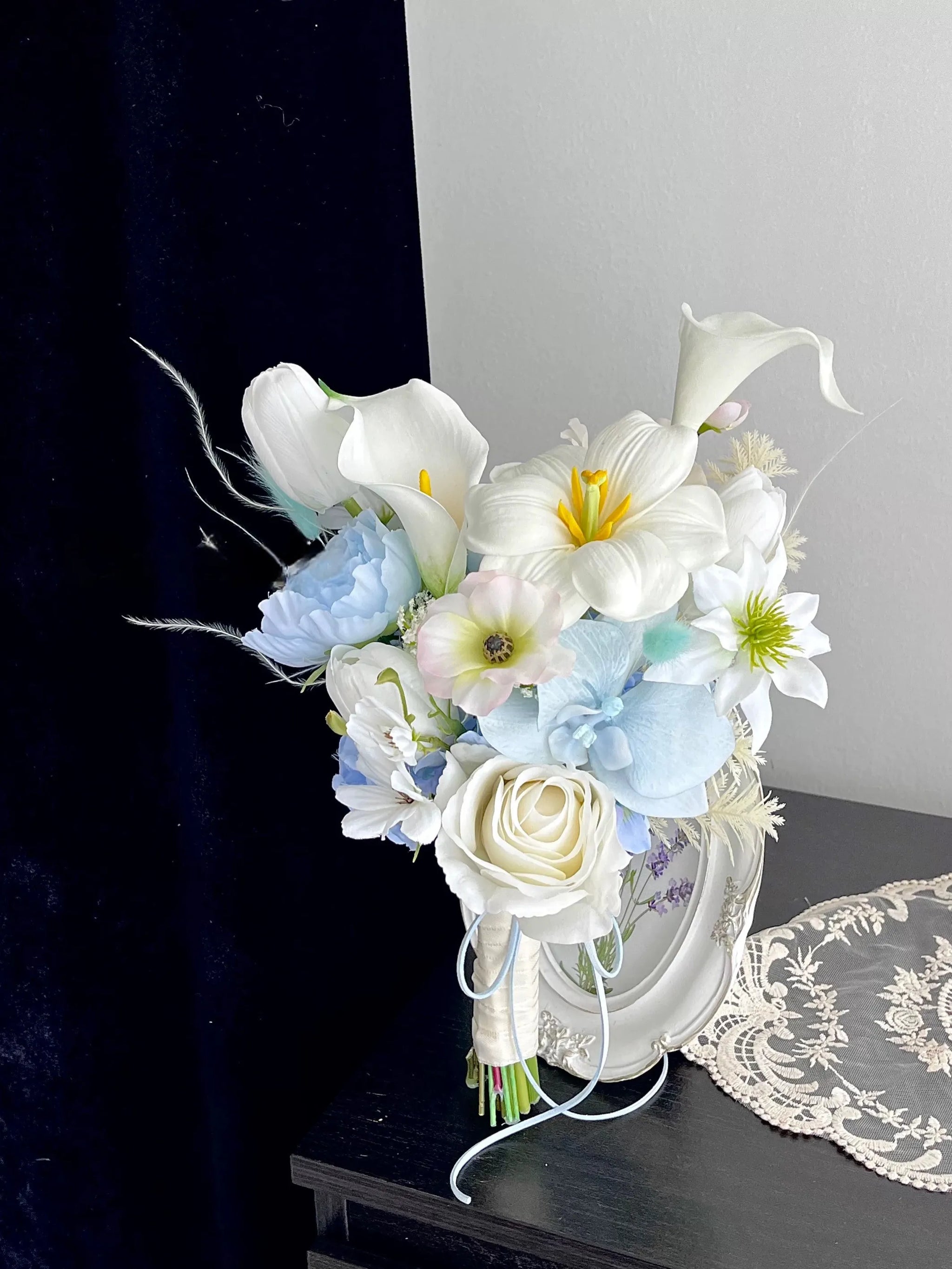 Serene Blue & White Faux Bridal Bouquet & Boutonnieres and Wrist Corsages Set