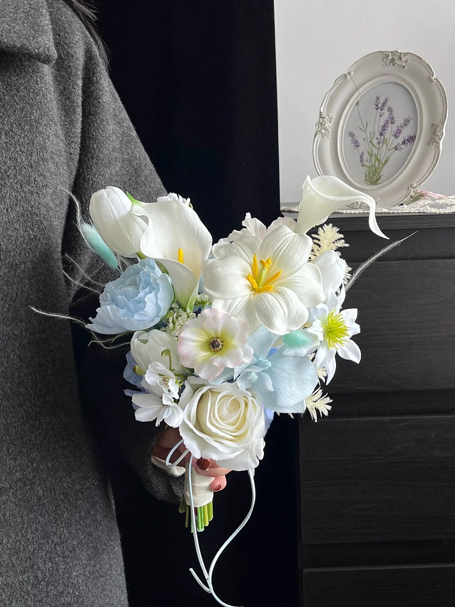Serene Blue & White Faux Bridal Bouquet & Boutonnieres and Wrist Corsages Set