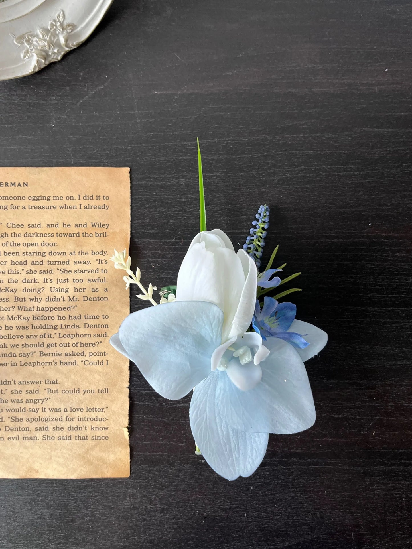 Serene Blue & White Faux Bridal Bouquet & Boutonnieres and Wrist Corsages Set