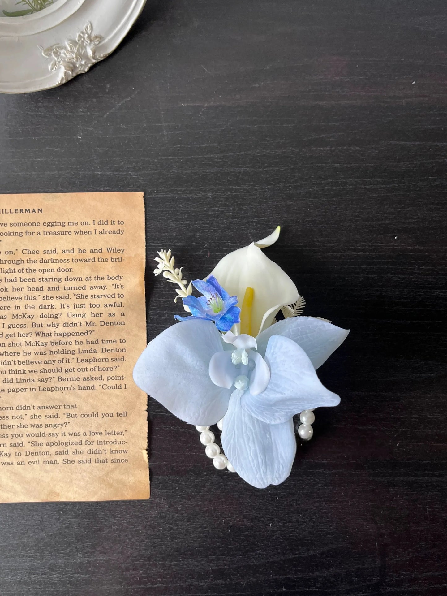 Serene Blue & White Faux Bridal Bouquet & Boutonnieres and Wrist Corsages Set