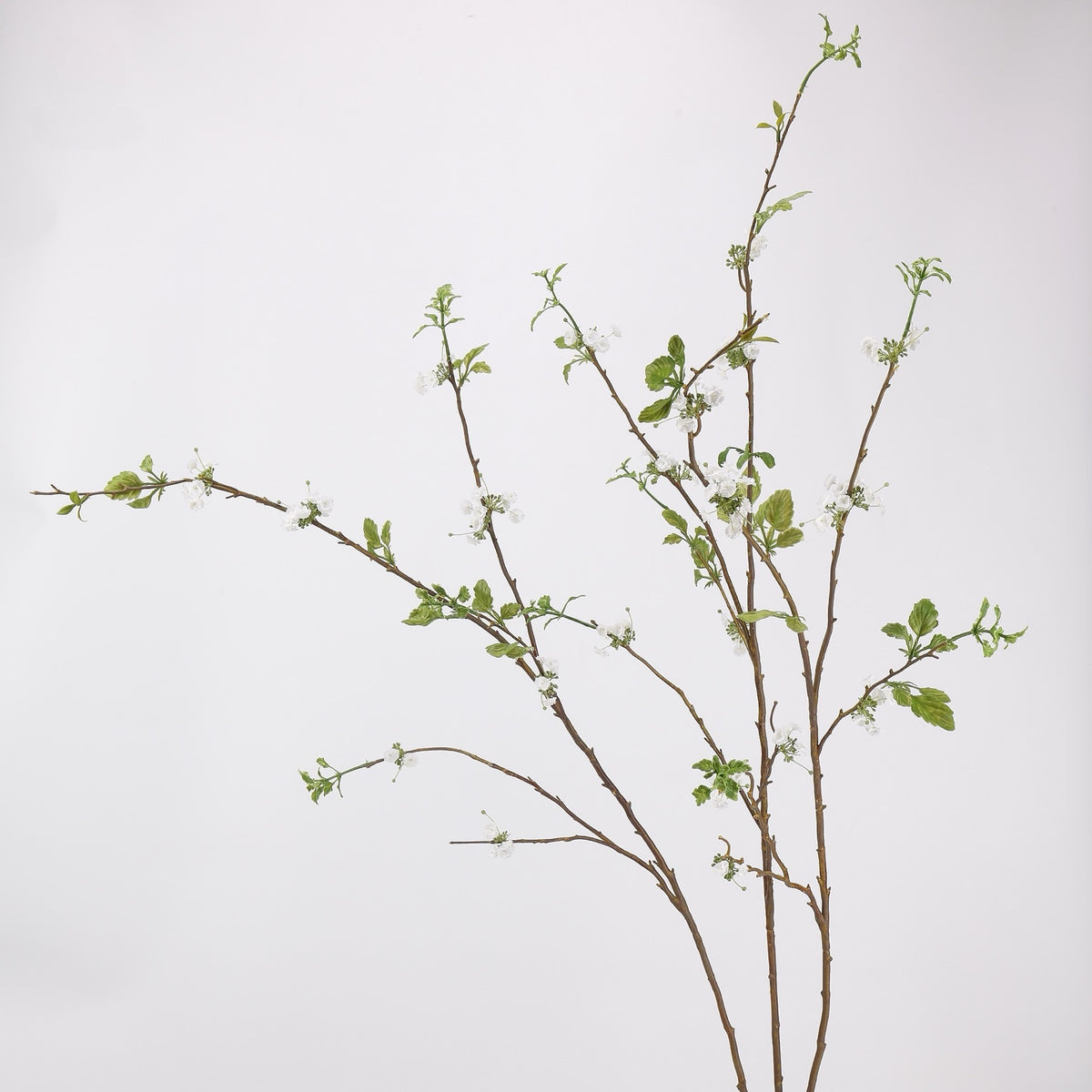 Artificial large snow willow branches with white blossoms, original studio background