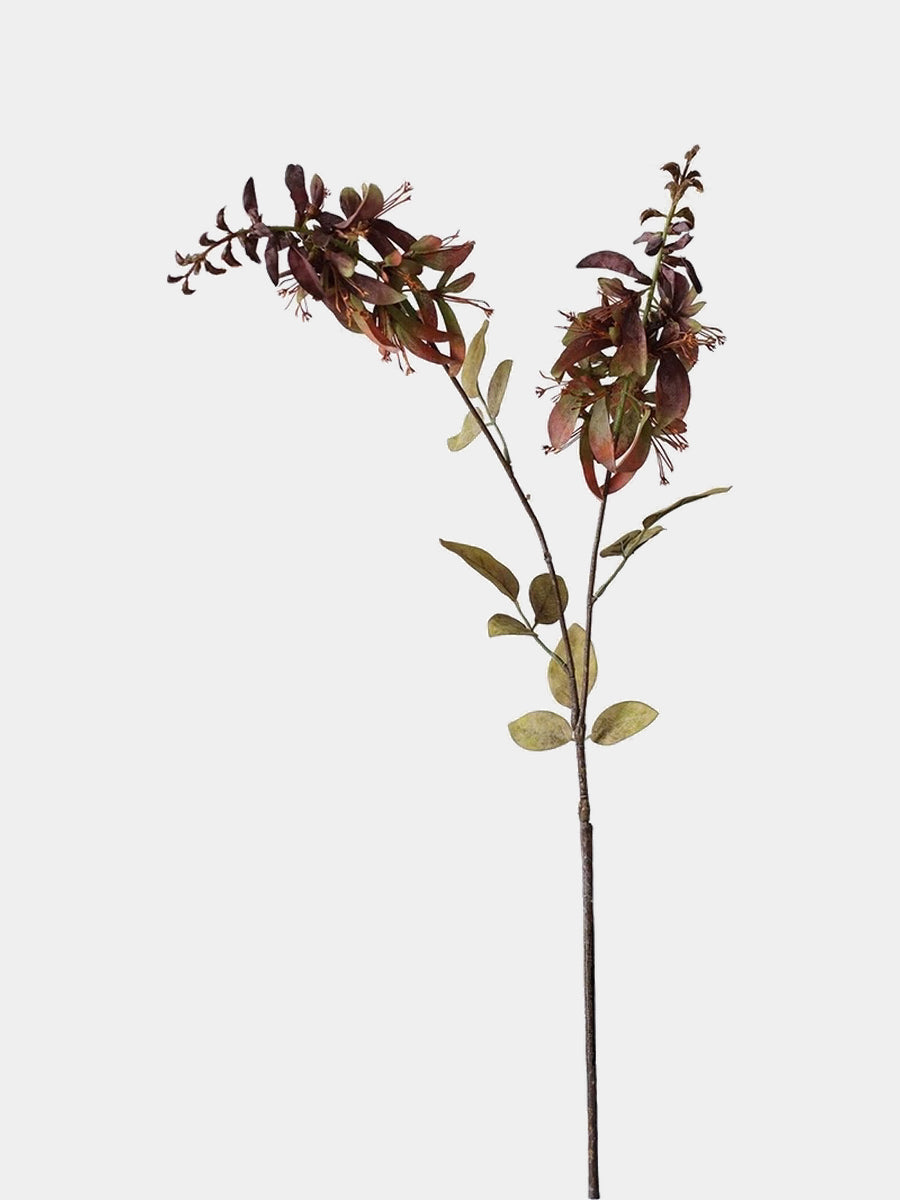 Burgundy artificial erythrina flower stem with deep red fabric petals and olive-toned leaves, 78 cm tall