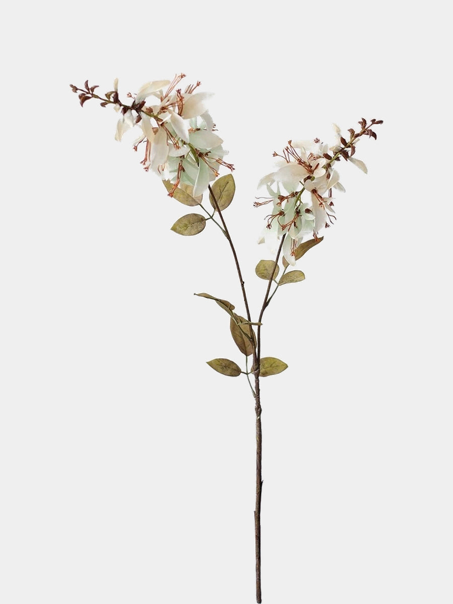 Ivory artificial erythrina flower stem with cream fabric petals and olive-toned leaves, 78 cm tall