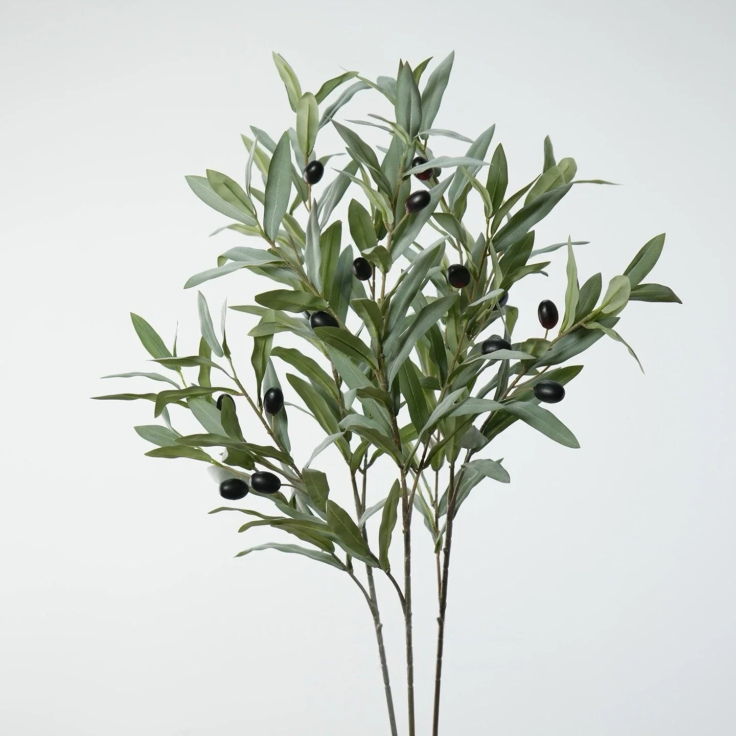 Grey green artificial olive branch with black olives
