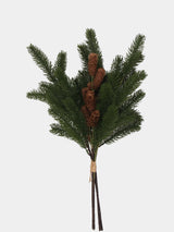 Green artificial pine branch with brown cones and tied stems, full-length view