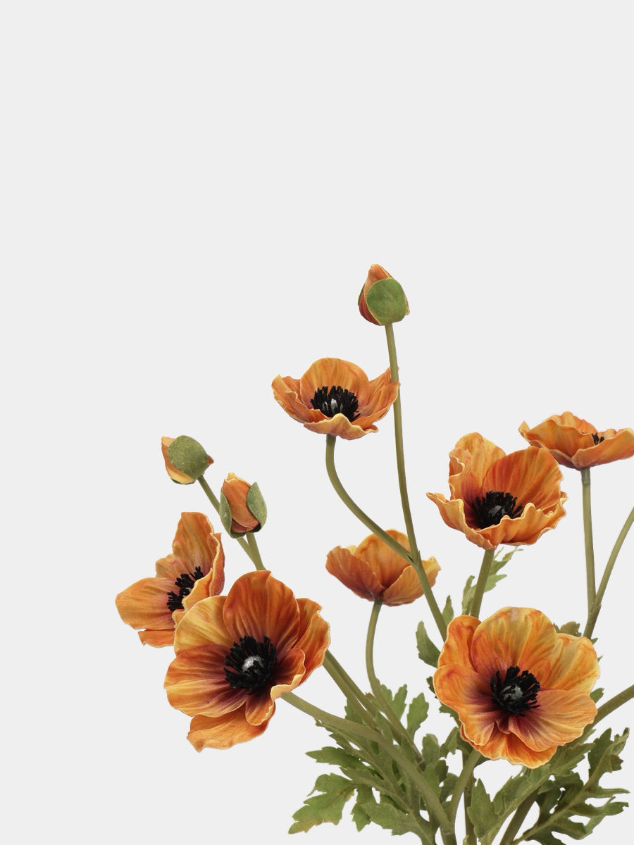 Burnt orange artificial poppy stems grouped to show crinkled petals, flower centres and buds