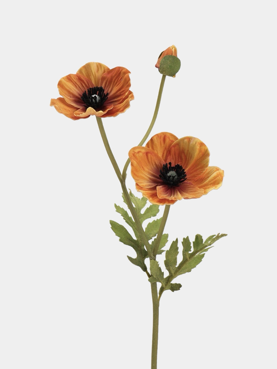 Burnt orange artificial poppy stem with two open flowers, one bud and green leaves, 45 cm tall