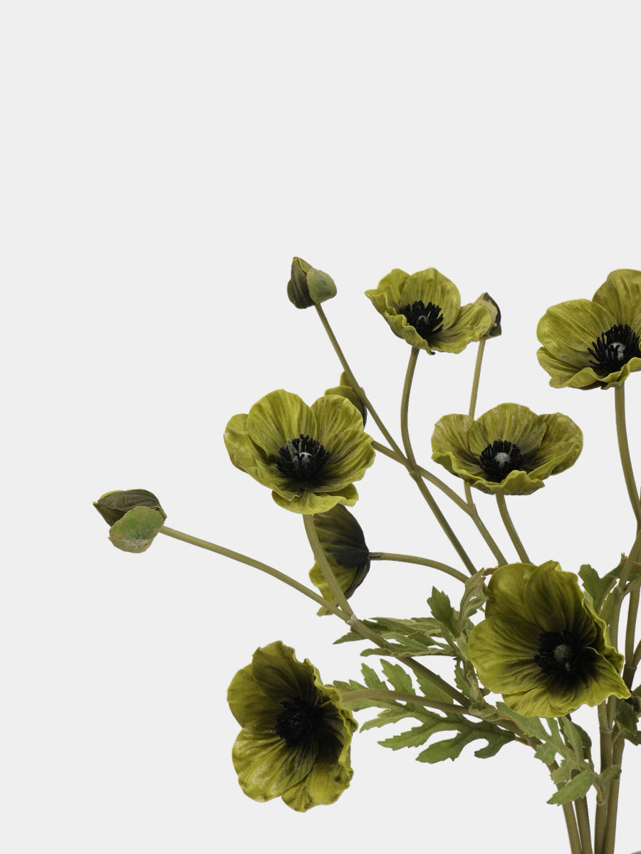 Olive green artificial poppy stems grouped to show crinkled petals, flower centres and buds