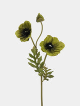 Olive green artificial poppy stem with two open flowers, one bud and green leaves, 45 cm tall