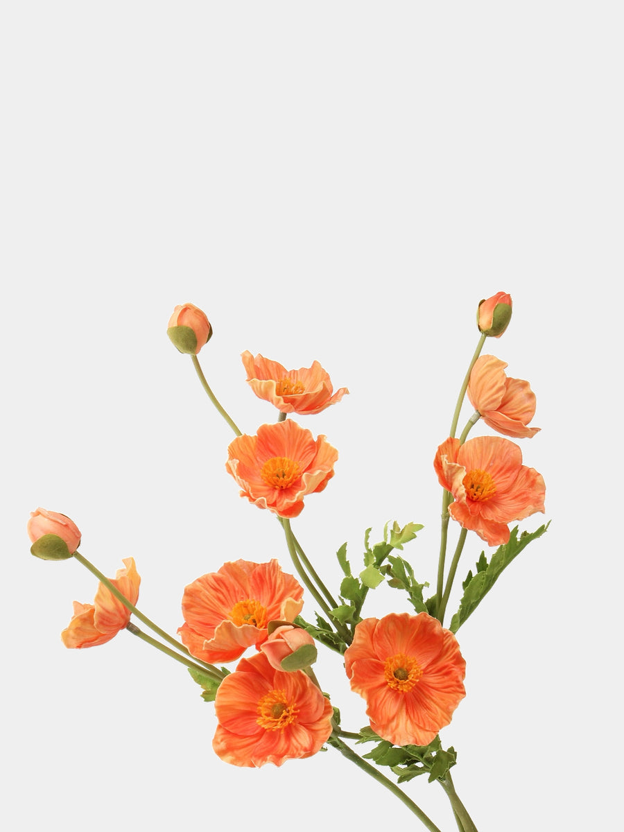 Orange artificial poppy stems grouped to show crinkled petals, flower centres and buds