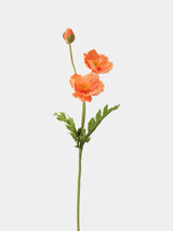 Orange artificial poppy stem with two open flowers, one bud and green leaves, 45 cm tall