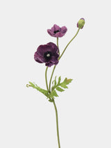 Plum purple artificial poppy stem with two open flowers, one bud and green leaves, 45 cm tall