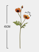 Artificial poppy stem measurement guide showing 45 cm stem height and 6 cm flower width