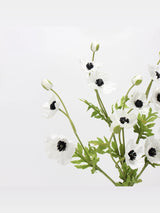White artificial poppy stems with white crinkled petals, dark centres and green buds