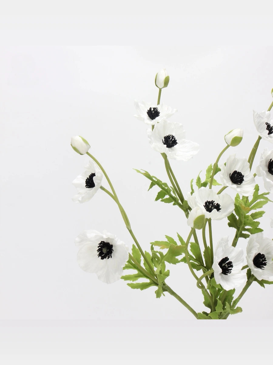 White artificial poppy stems with white crinkled petals, dark centres and green buds