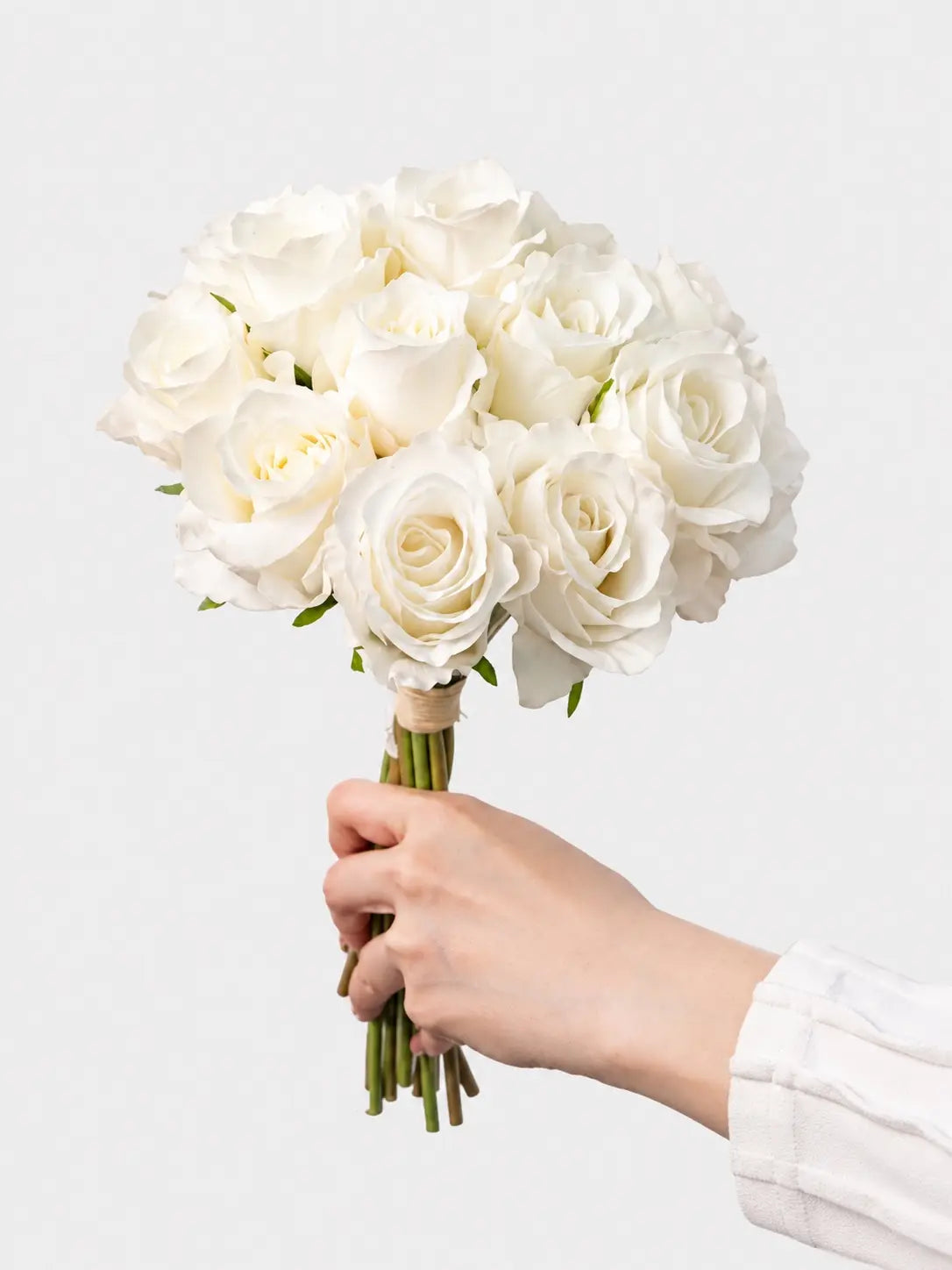 White Real Touch Elsa Rose Bouquet, 13 roses held in hand for scale