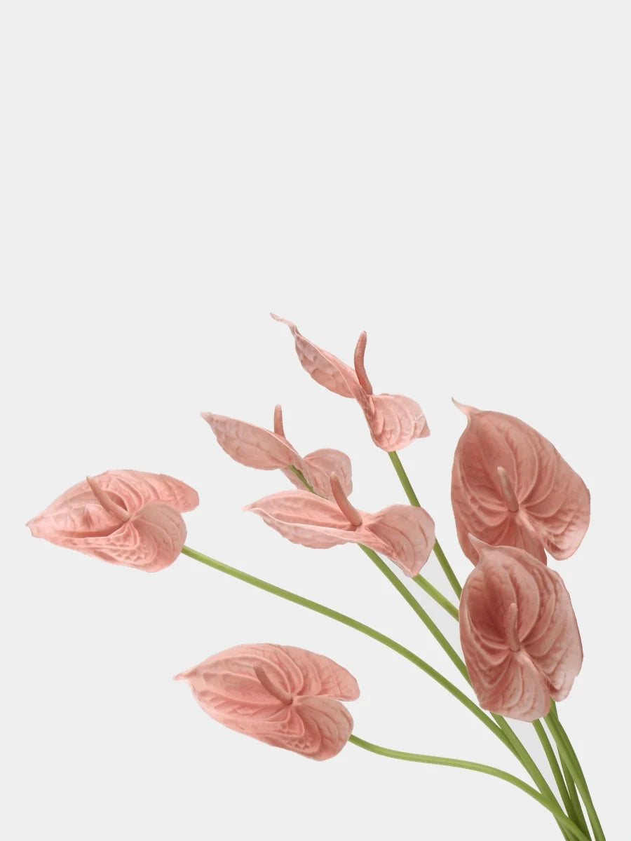Pink faux anthurium stems showing the PU flower head texture