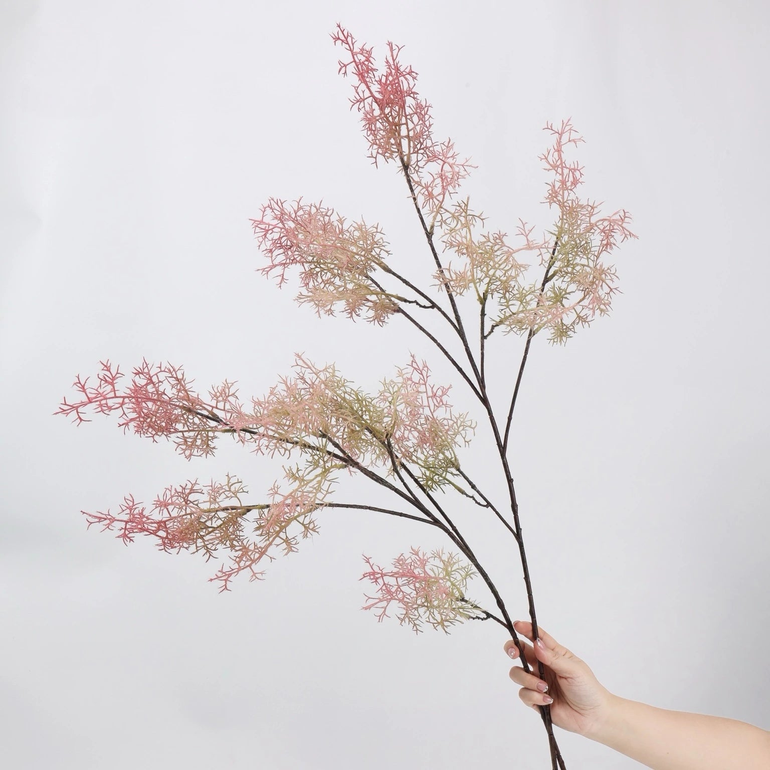 Pink faux asparagus fern branch held for scale