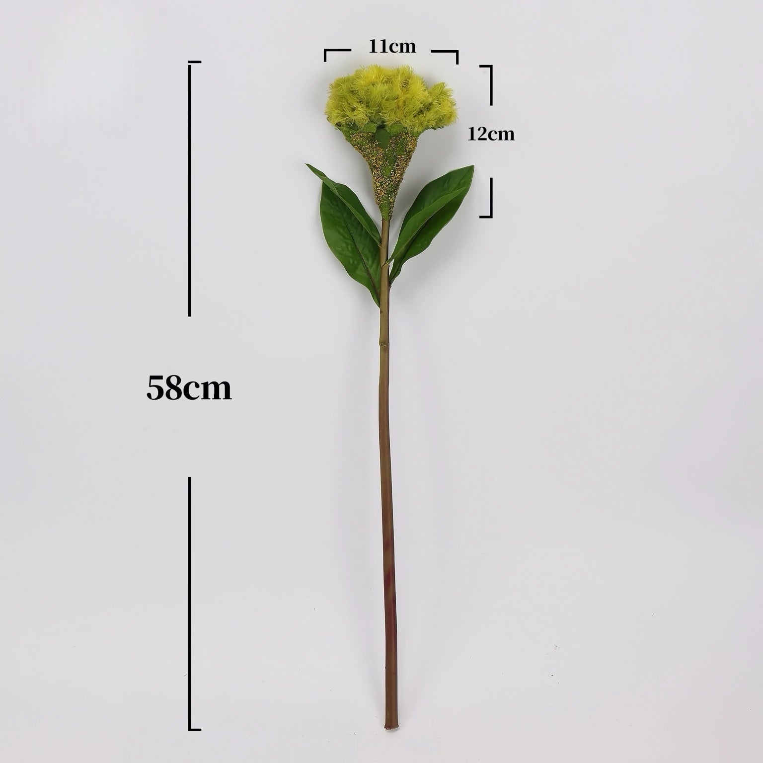 Faux celosia stem dimensions – 58 cm tall, 11 cm wide flower head