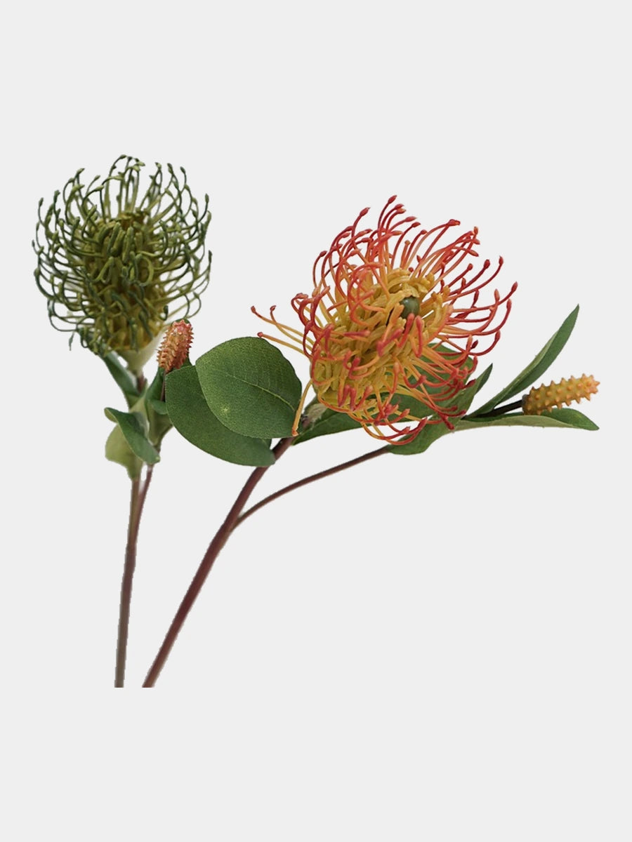 Green and coral faux foxtail pincushion flower stems