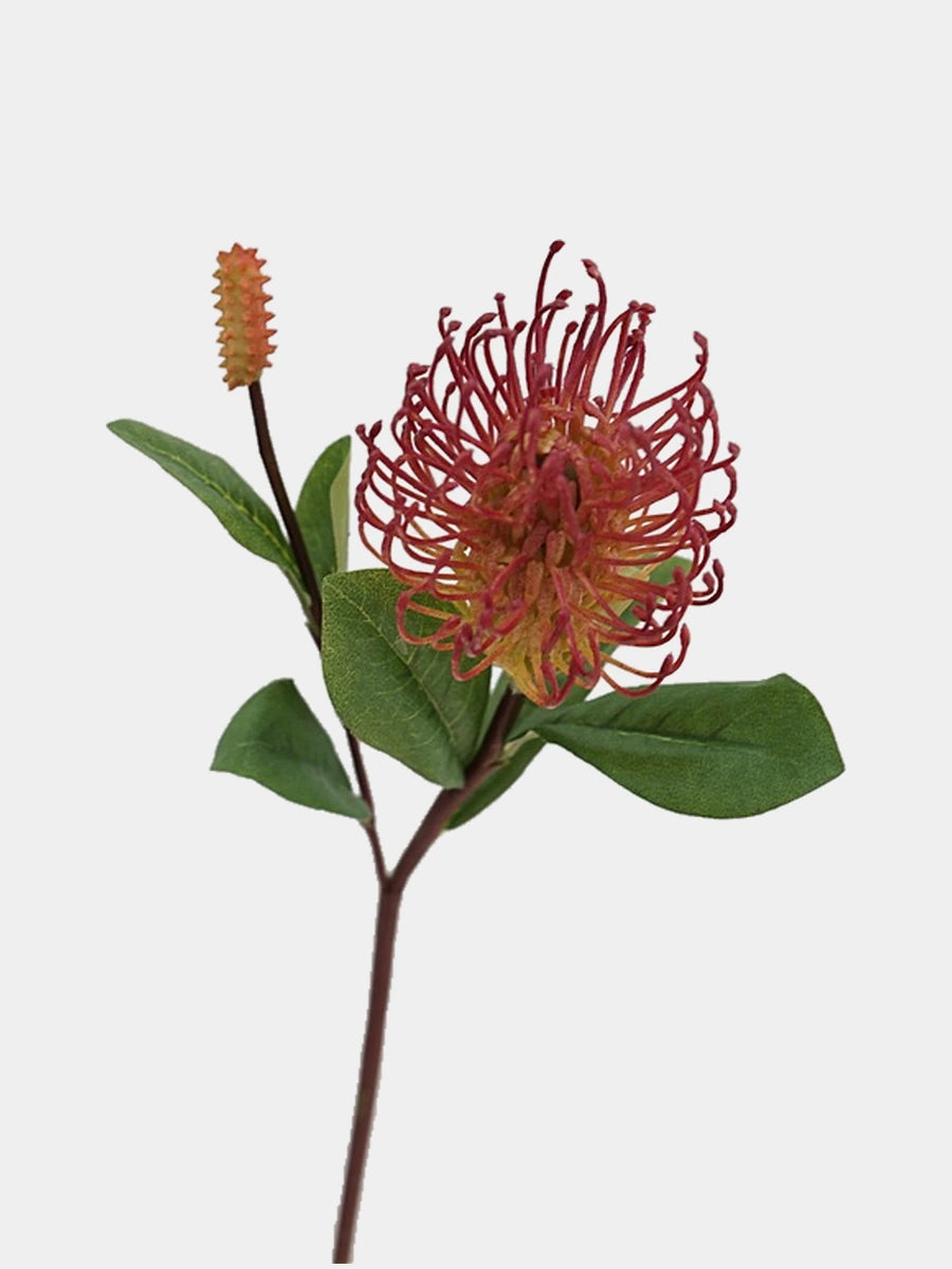 Faux small pincushion flower stem in red