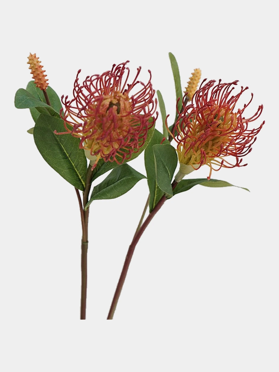 Red and coral faux foxtail pincushion flower stems, front view