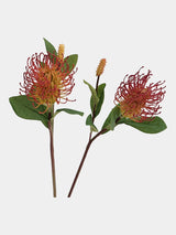 Red faux foxtail pincushion flower stems, side view