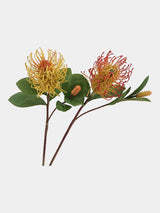 Yellow and coral faux foxtail pincushion flower stems