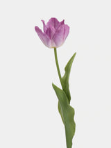 Lilac large artificial Armani tulip stem with a flared bloom and green leaves, 48 cm tall
