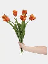Orange large artificial Armani tulip stems held together to show flower shapes and leaves