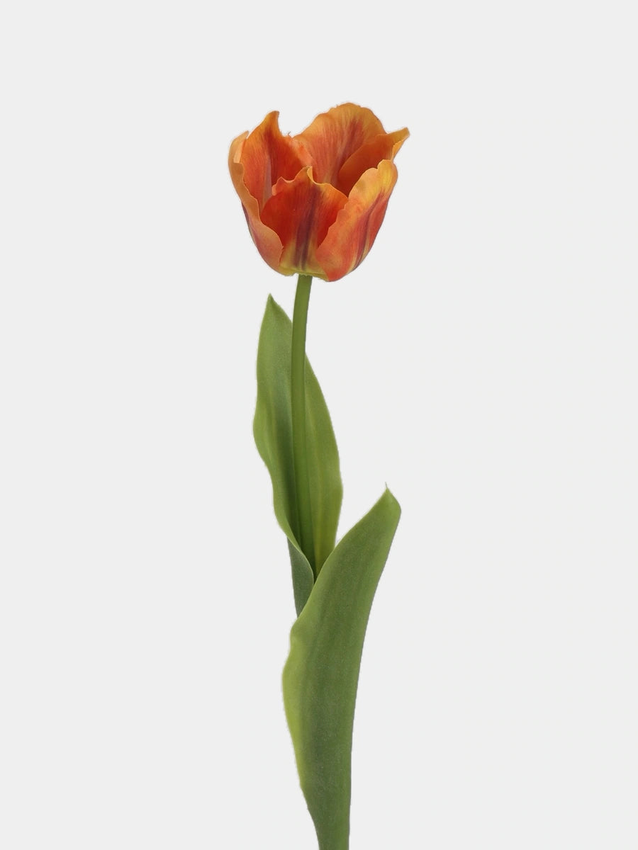Orange large artificial Armani tulip stem with a flared bloom and green leaves, 48 cm tall