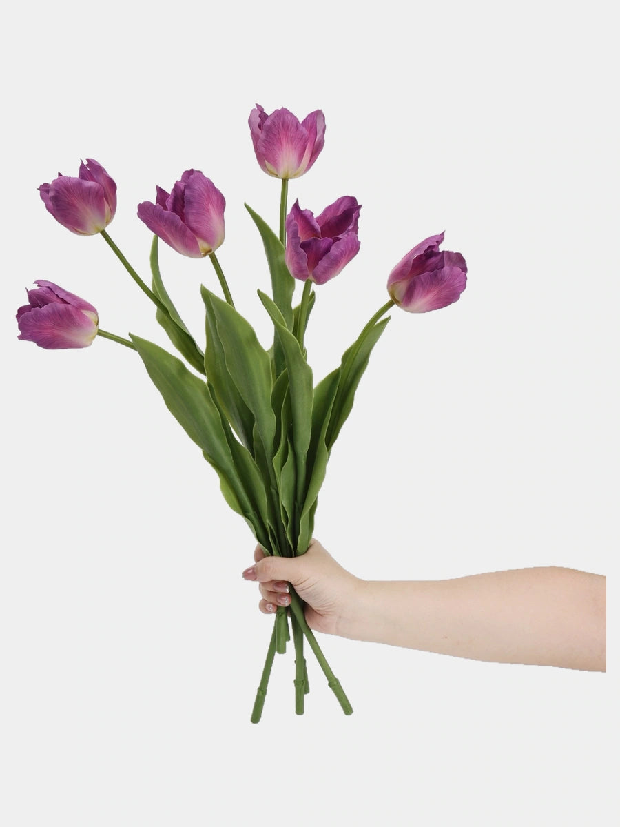 Purple large artificial Armani tulip stems held together to show flower shapes and leaves