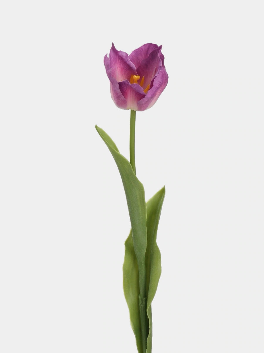 Purple large artificial Armani tulip stem with a flared bloom and green leaves, 48 cm tall