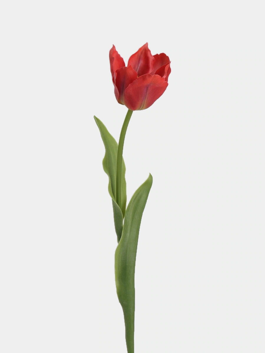 Red large artificial Armani tulip stem with a flared bloom and green leaves, 48 cm tall